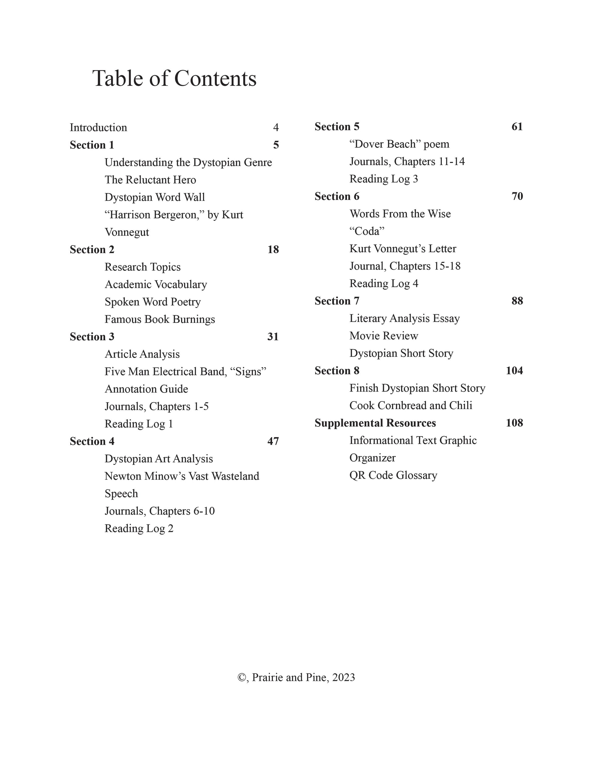 Table of contents for Brave New World Unit Study, Homeschool curriculum