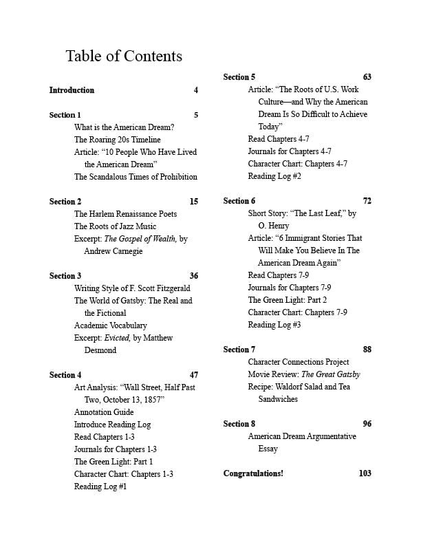 Table of contents from high school language arts curriculum on the great gastby on exploring the american dream and the jazz age