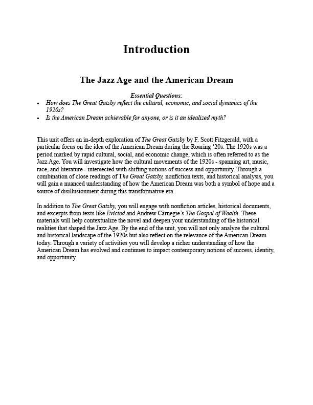 Introduction to a unit on 'The Jazz Age and the American Dream' which is curriculum for a high school unit study on the great gatsby, with text on a white background.