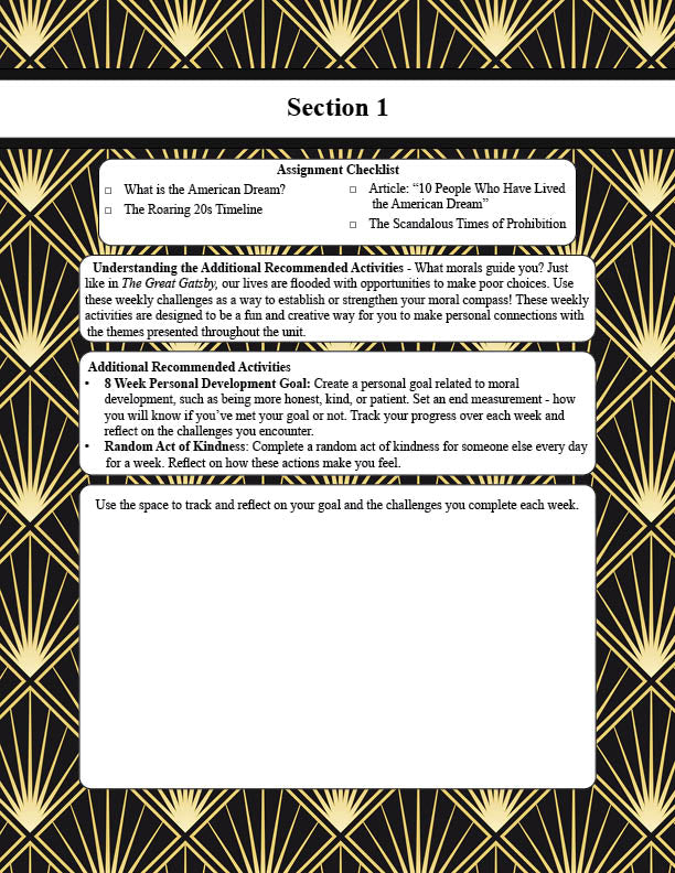 Printed Student Workbook + Parent Guide Assignment checklist with decorative border on a black and gold background