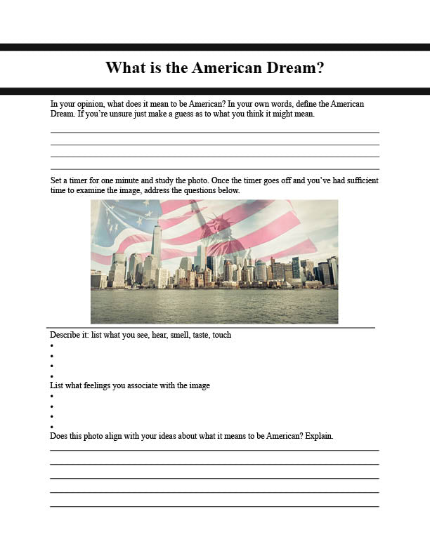 Worksheet on the American Dream from homeschool curriculum for the great gasby with a photo of a city skyline and American flag.