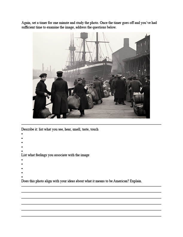 Black and white photo of people with luggage on a dock, with text prompts below. This is part of a unit study curriculum on the great gasby, exploring the american dream.