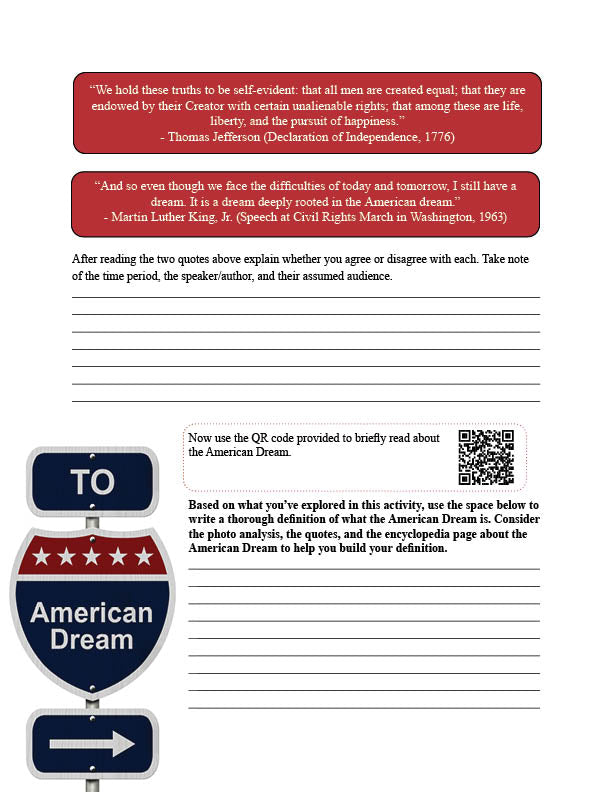 Educational worksheet with quotes from Thomas Jefferson and Martin Luther King Jr., a QR code, and space for writing about the American Dream.