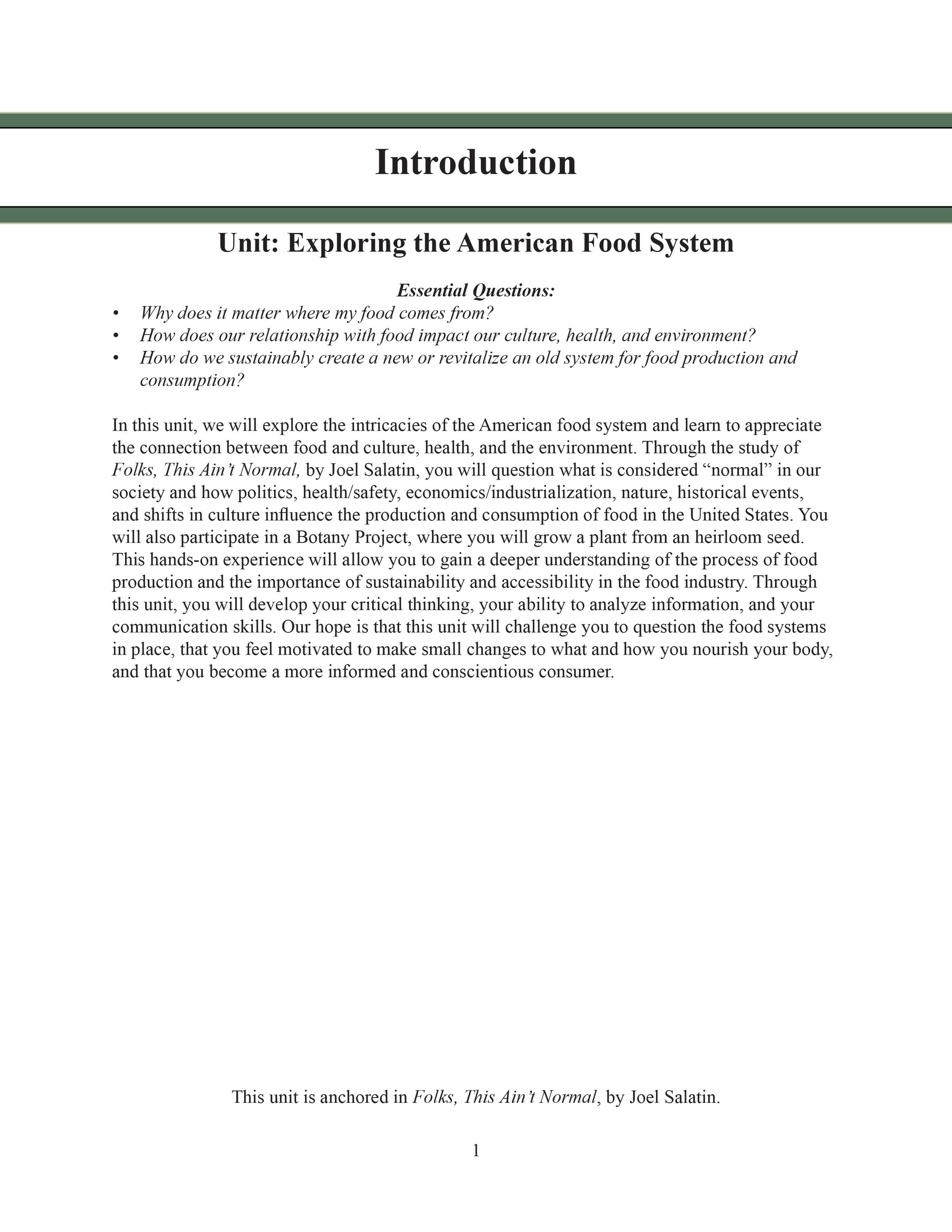 Introduction page for the unit study, Exploring the American Food System, based on Folks, This Ain't Normal, by Joel Salatin
