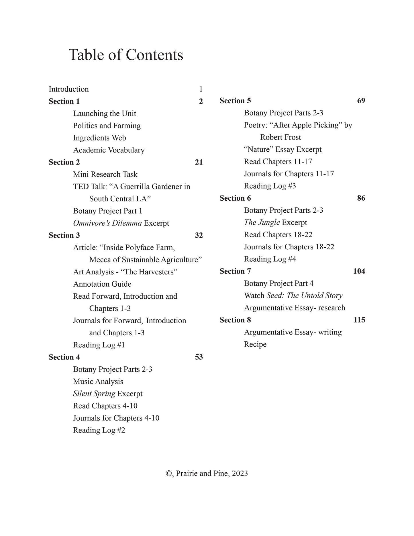 Table of contents for unit study on Folks, This Ain't Normal, by Joel Salatin, titled Exploring the American Food System