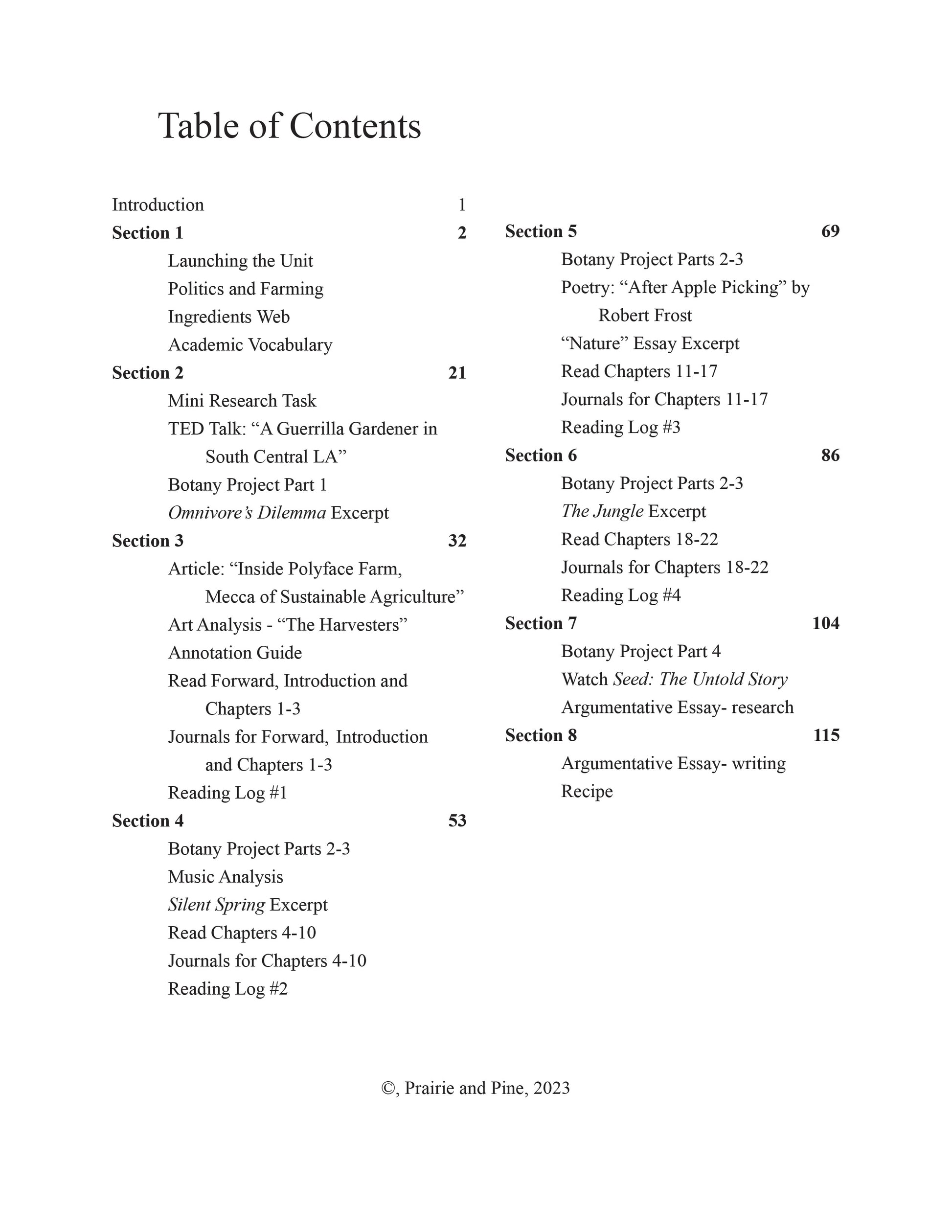 Table of contents for unit study on Folks, This Ain't Normal, by Joel Salatin, titled Exploring the American Food System