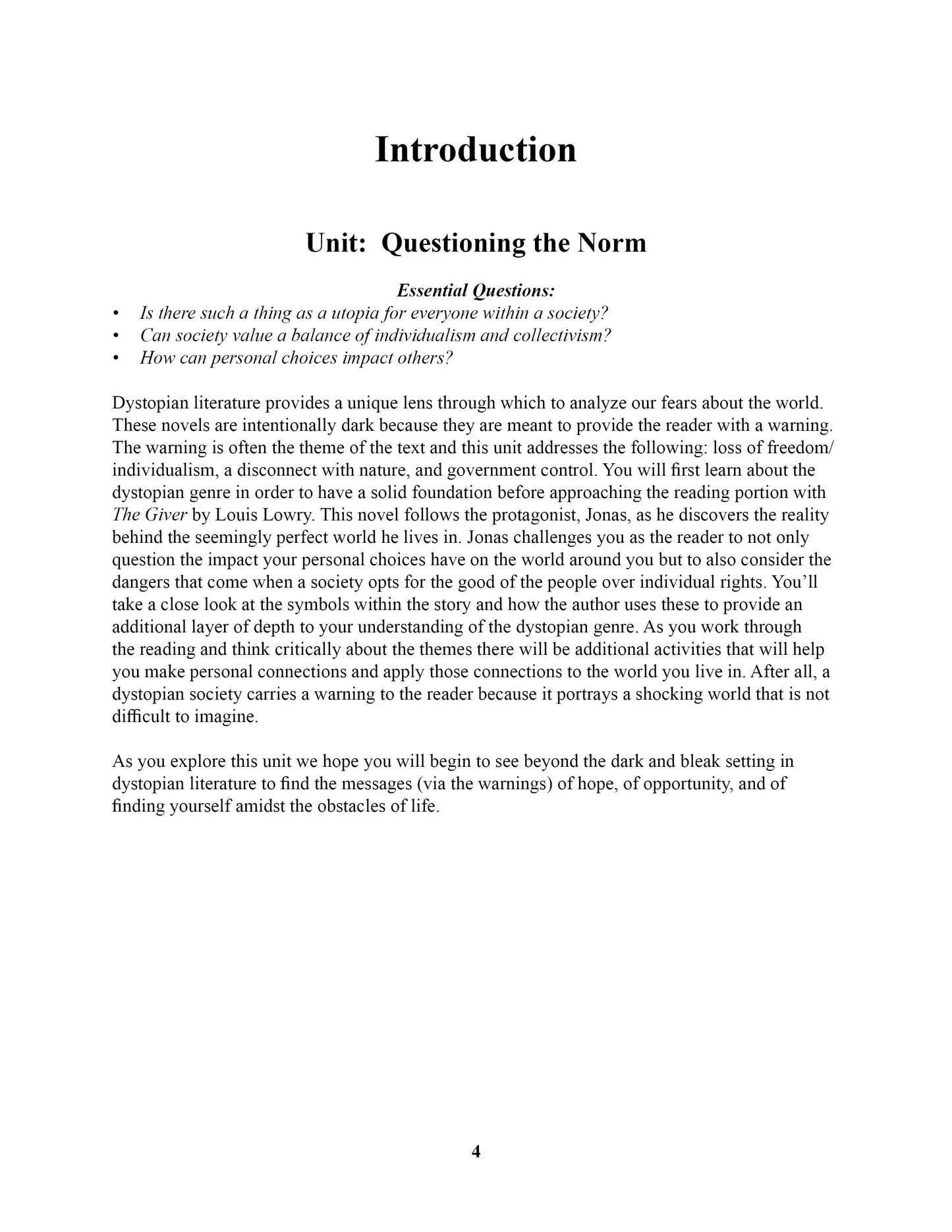 The Giver Unit Study - Questioning the Norm (Middle School)