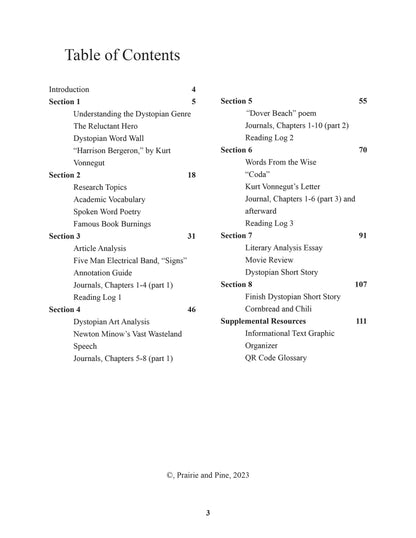 table of contents for 1984 unit study, high school homeschool