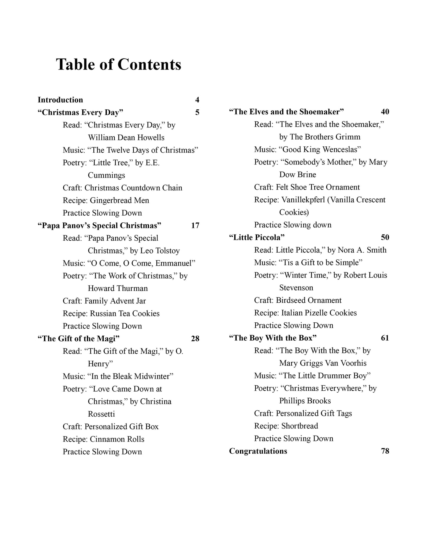 the table of contents for a homeschool christmas curriculum