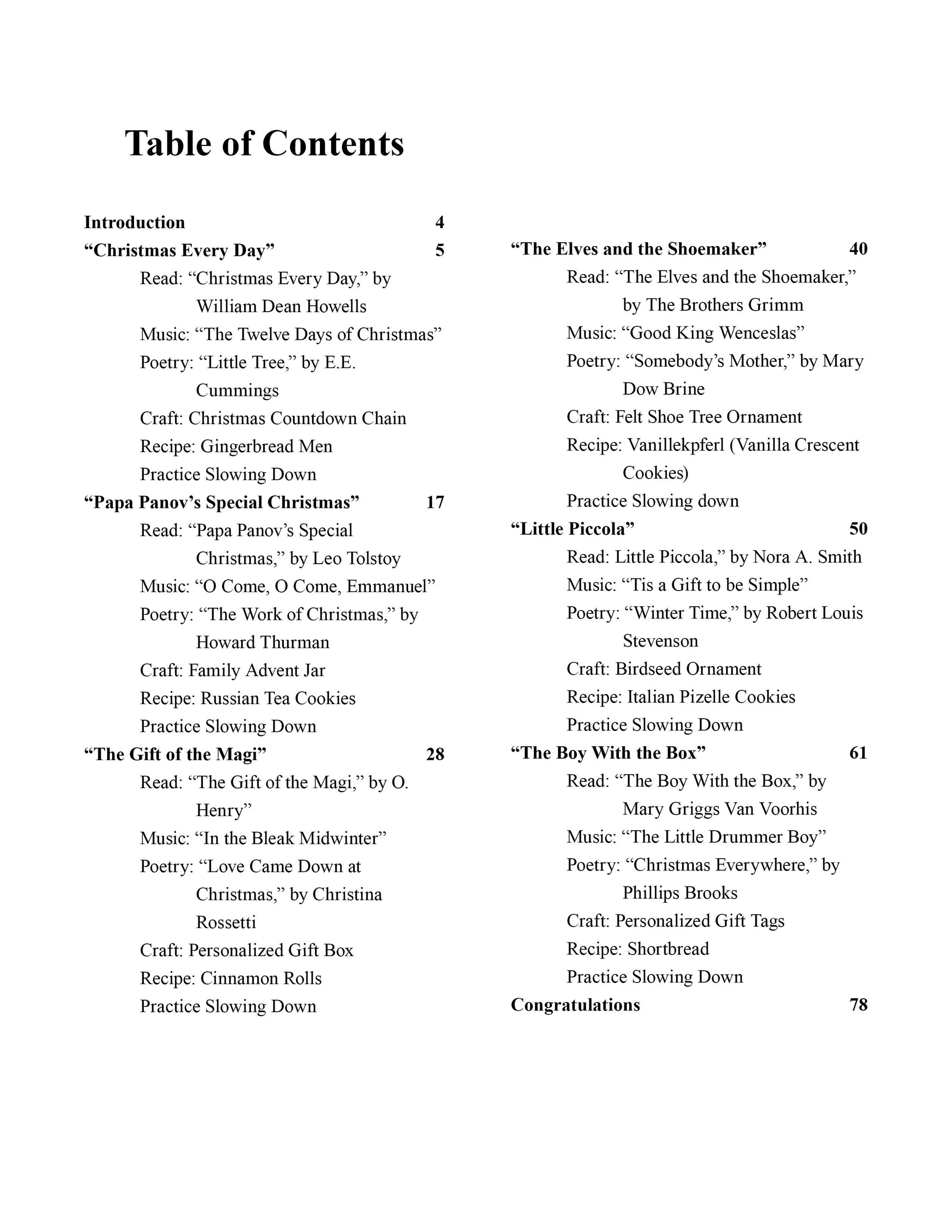 the table of contents for a homeschool christmas curriculum