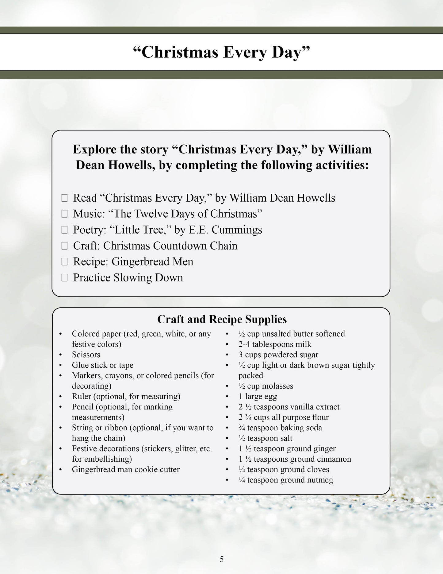 a list of activities for the christmas homeschool curriculum followed by a list of craft supplies