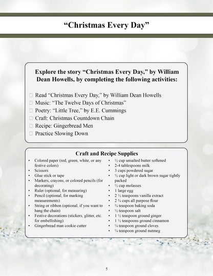 a list of activities for the christmas homeschool curriculum followed by a list of craft supplies