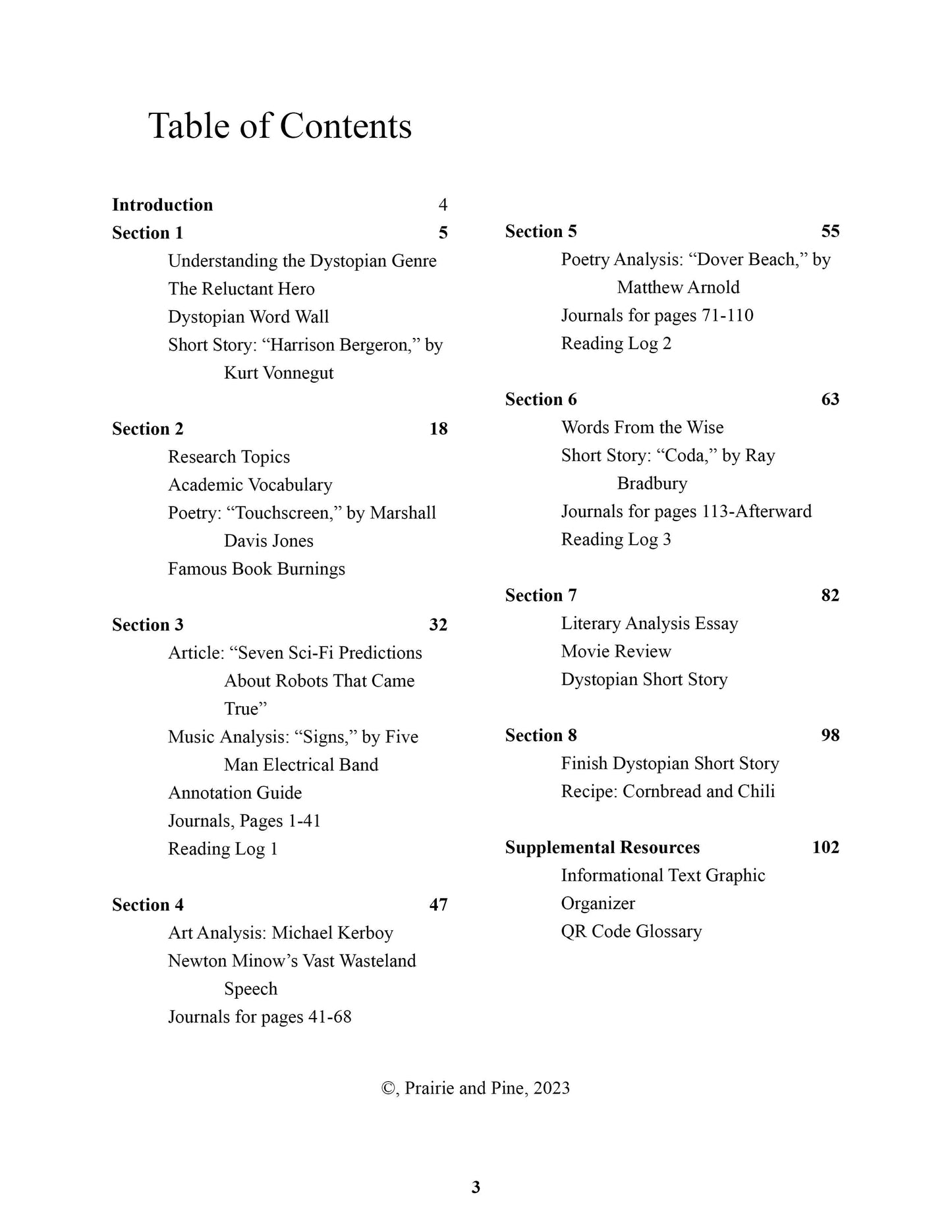 Fahrenheit 451 unit study table of contents for homeshcool curriculum