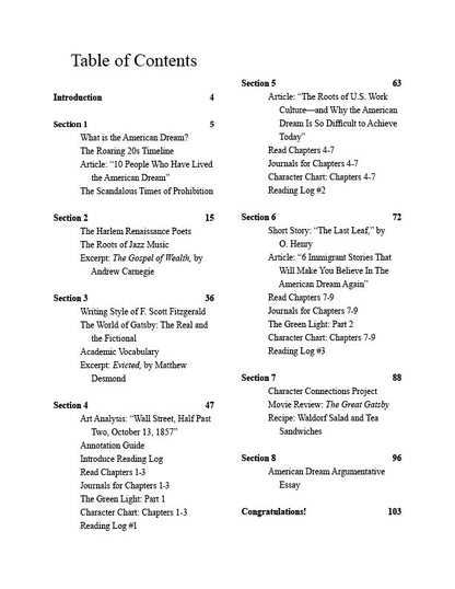 Table of contents from high school language arts curriculum on the great gastby on exploring the american dream and the jazz age