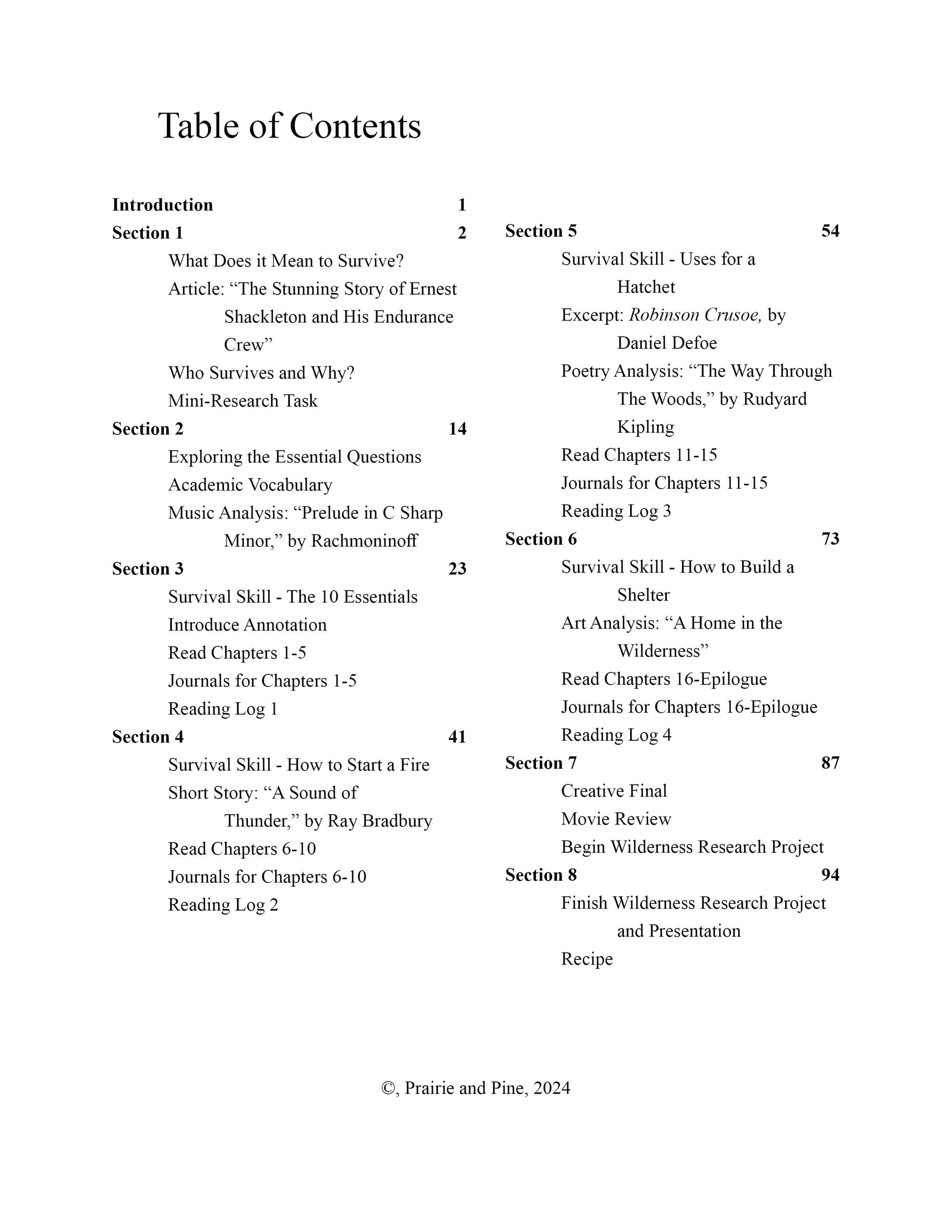 Hatchet unit study product table of contents