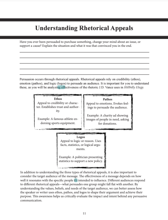 Understanding Rhetorical Appeals - An assignment from the Hilbilly Elegy Unit study