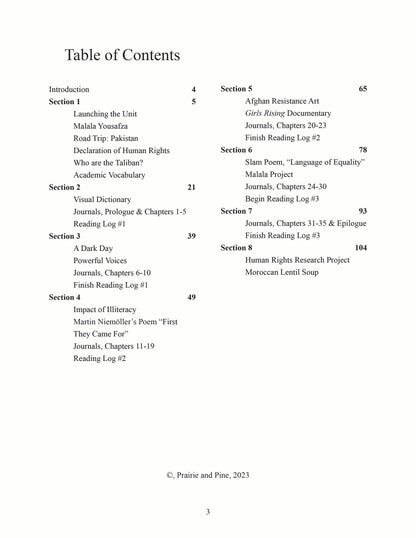 table of contents for the unit study on I Am Malala, homeschool curriculum
