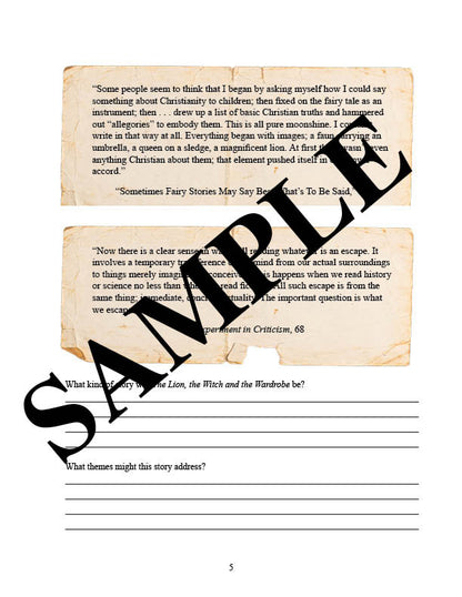 sample page for the lion the witch and the wardrobe Narnia unit study for homeschool families