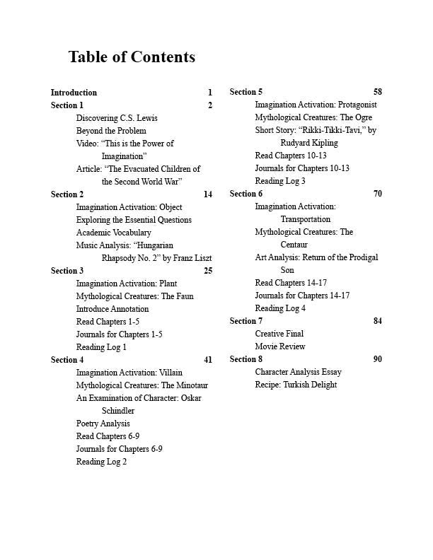 table of contents for the lion the witch and the wardrobe Narnia unit study for homeschool families