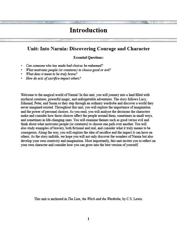 introduction page for the lion the witch and the wardrobe Narnia unit study for homeschool families