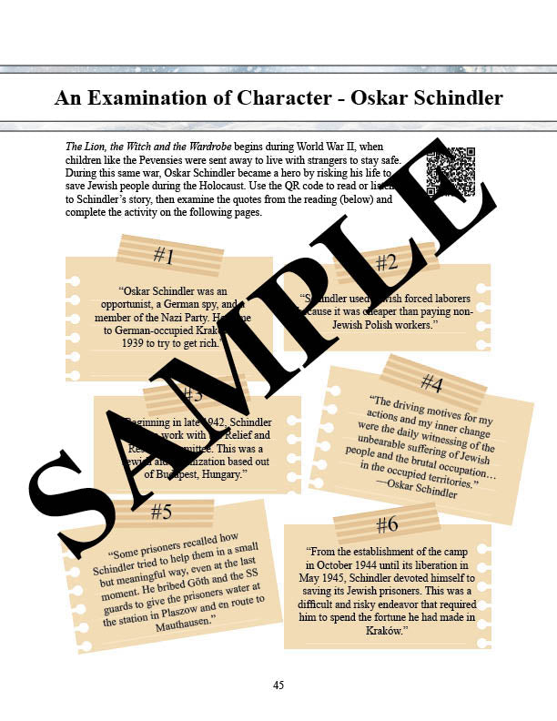 sample page for the lion the witch and the wardrobe Narnia unit study for homeschool families