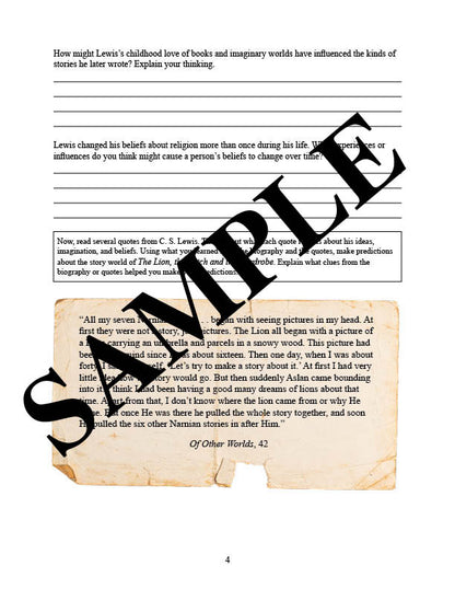 sample page for the lion the witch and the wardrobe Narnia unit study for homeschool families